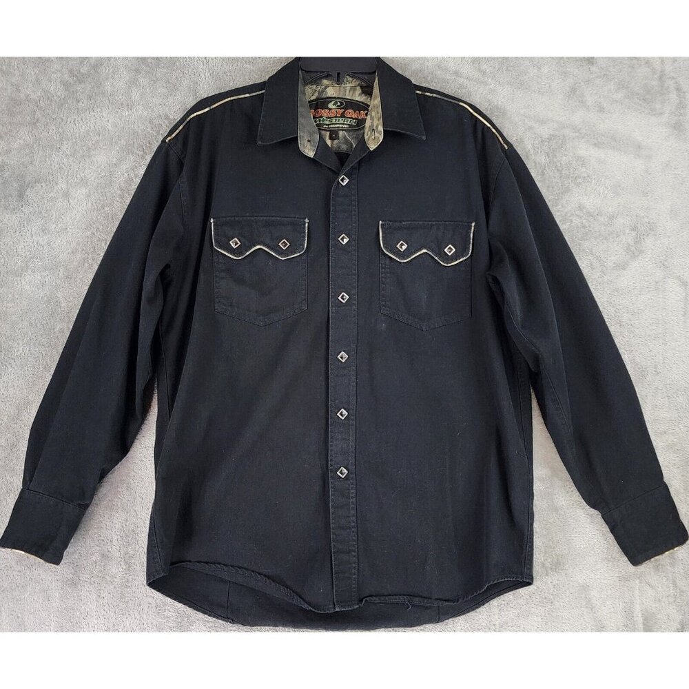 Mossy Oak Western Shirt Mens Medium Black Diamond Shape Pearl Snap Long Sleeve